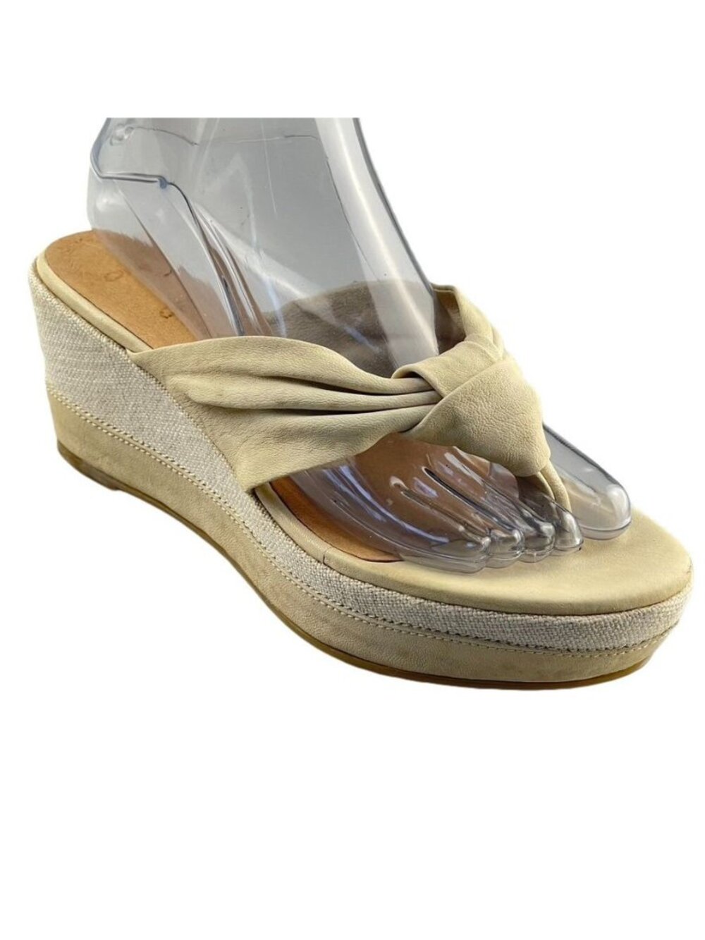 One of Two TPU SOLE Platform Wedge Thongs Leather-Linen Ivory Women Eu 38 US 7